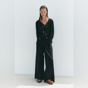 ZARA | Bamboo Black Sheer Wide-Leg Pants with Six Pockets and Draw String